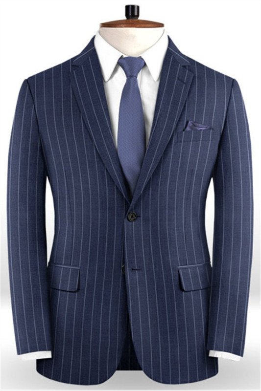 Dark Blue Business Formal Suits | Chic Two Buttons Striped Tuxedo