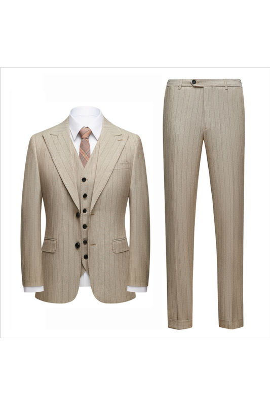 Modern Khaki Striped Peak Lapel Formal Men Suit for Business