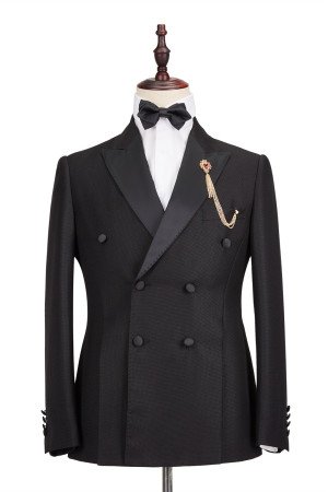 Classic Satin Peak Lapel Double Breasted Black Men Business Suit Classic Satin Peak Lapel Double Breasted Black Men Business Suit
