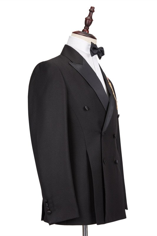 Classic Satin Peak Lapel Double Breasted Black Men Business Suit