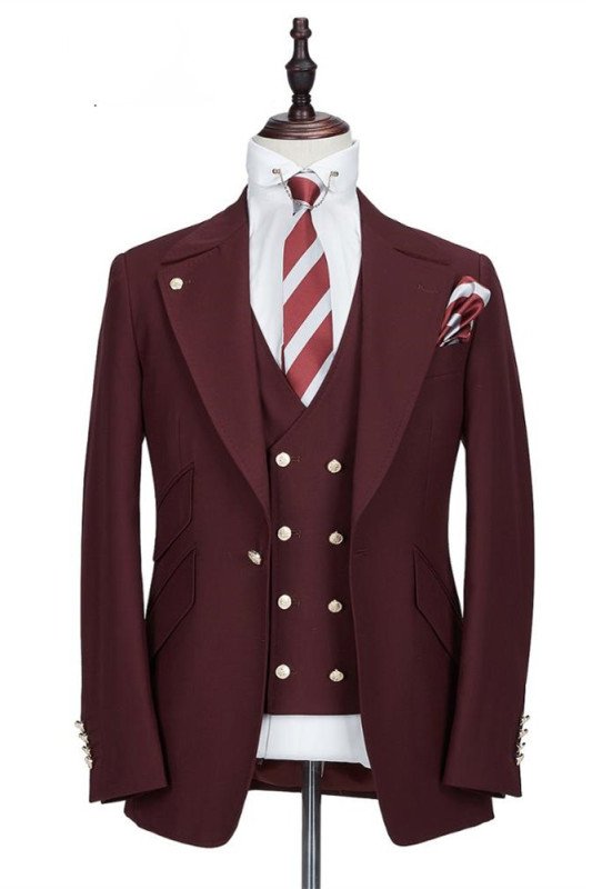 New Arrival Burgundy Peaked Lapel One Button Men Suits