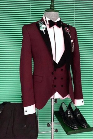 Devon Best Fitted Burgundy Three Pieces Men Suits with Black Peaked Lapel