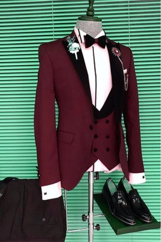 Devon Best Fitted Burgundy Three Pieces Men Suits with Black Peaked Lapel