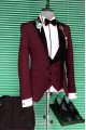 Devon Best Fitted Burgundy Three Pieces Men Suits with Black Peaked Lapel