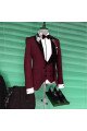 Devon Best Fitted Burgundy Three Pieces Men Suits with Black Peaked Lapel