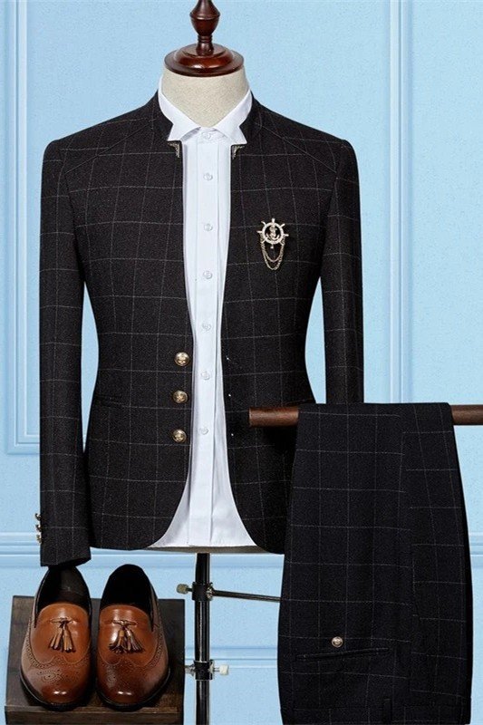 Stylish Black Slim Sit Plaid Fashion Two Pieces Men Suits