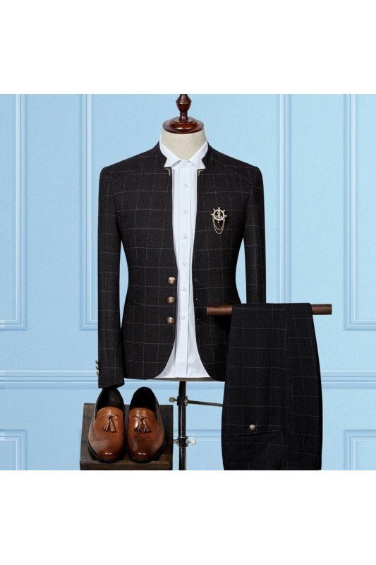 Stylish Black Slim Sit Plaid Fashion Two Pieces Men Suits