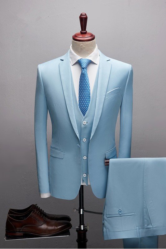 James Chic Notched Lapel Sky Blue Three Pieces Prom Outfits for Boys