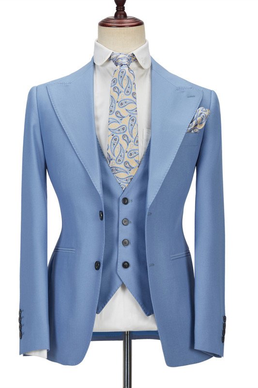 Fashion Blue Peak Lapel Men Suit | Three Piece Men Formal Suit without Flap