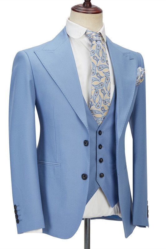 Fashion Blue Peak Lapel Men Suit | Three Piece Men Formal Suit without Flap