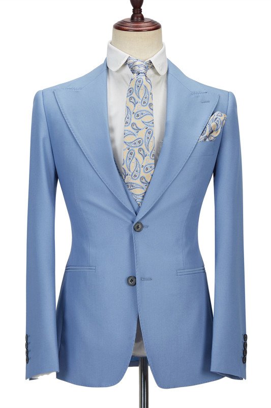 Fashion Blue Peak Lapel Men Suit | Three Piece Men Formal Suit without Flap