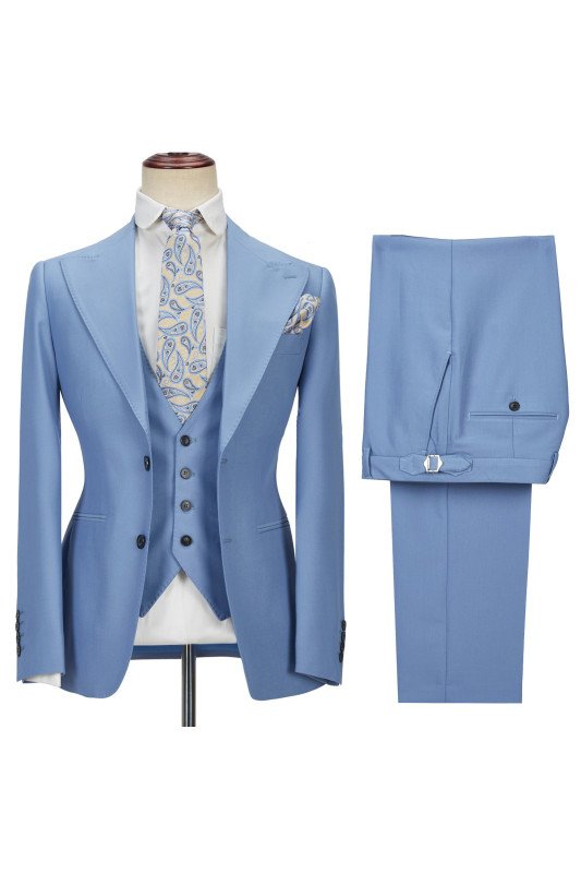 Fashion Blue Peak Lapel Men Suit | Three Piece Men Formal Suit without Flap