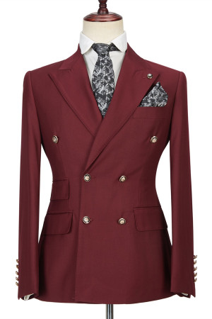 Fashion Double Breasted Burgundy Peak Lapel Men Formal Suit Fashion Double Breasted Burgundy Peak Lapel Men Formal Suit