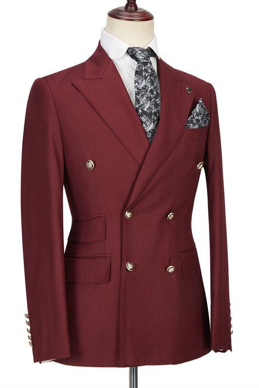 Fashion Double Breasted Burgundy Peak Lapel Men Formal Suit