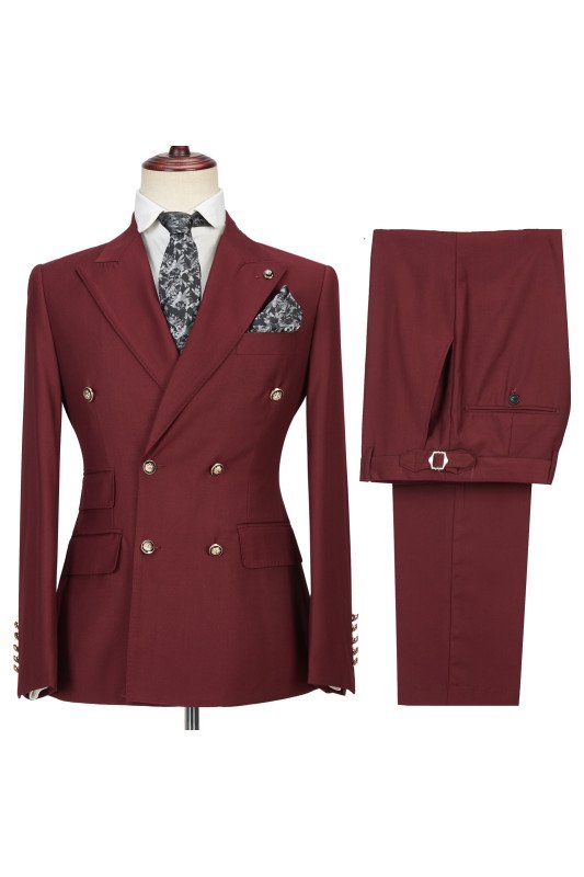 Fashion Double Breasted Burgundy Peak Lapel Men Formal Suit