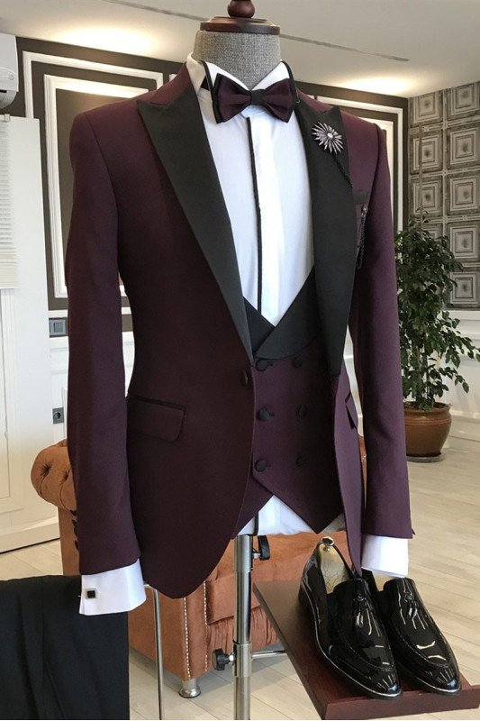 Fashion Burgundy Three-Pieces Black Peaked Lapel Double Breasted Waistcoat Men Suits