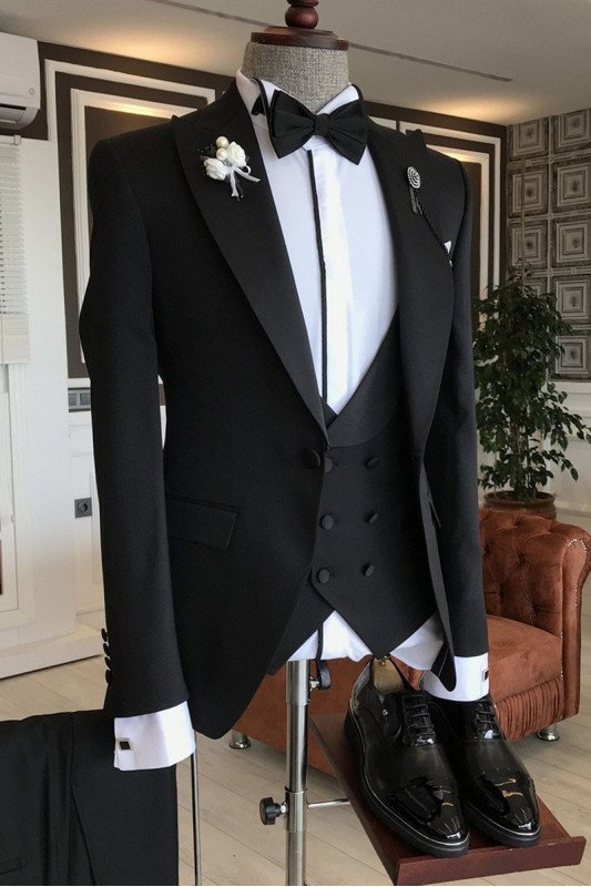 Lambert Formal Three-pieces Black Peaked Lapel Best Fitted Men Business Suit