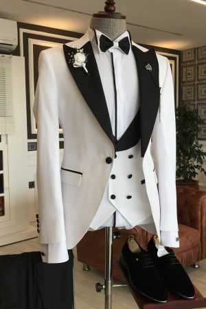 Leo Fashion White Three-Pieces Black Peaked Lapel Double Breasted Bespoke Business Suits Leo Fashion White Three-Pieces Black Peaked Lapel Double Breasted Bespoke Business Suits