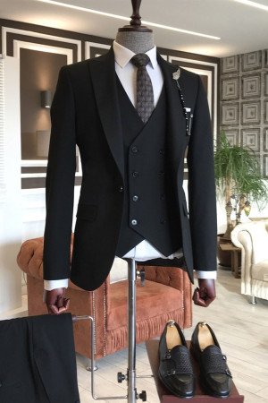Leopold Traditional Black Peaked Lapel New Arrival Best Fitted Men Suits