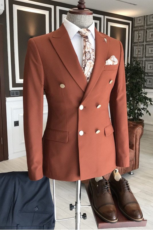 Fashion Formal Orange Peaked Lapel Double Breasted Men Suits For Business