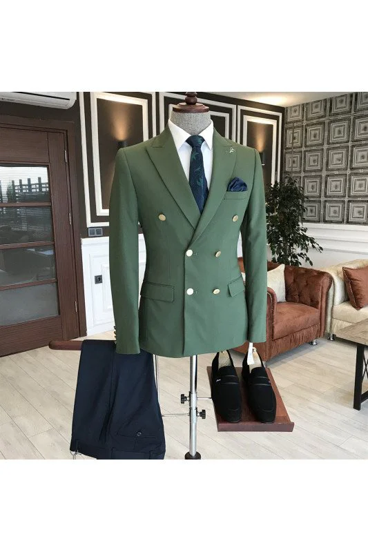 Peaked Lapel Green Suits For Men with Double Breasted main image 1