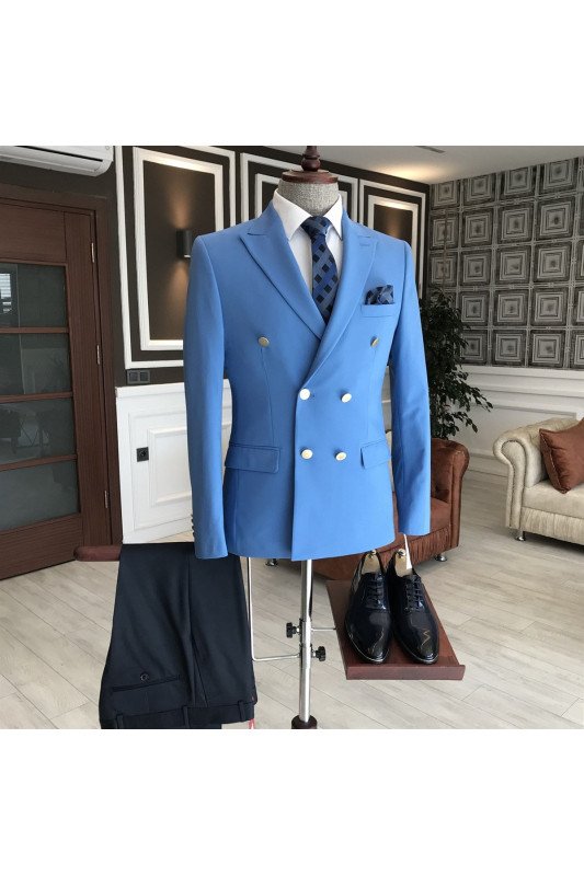 Stylish Solid Blue Peaked Lapel Double Breasted Business Men Suits