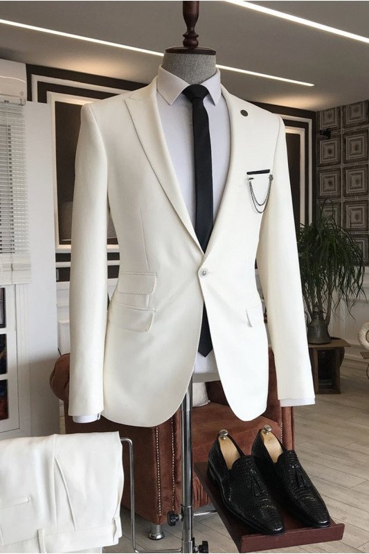 Chic  Hot White Peaked Lapel One Button Three Flaps Business Men Suits