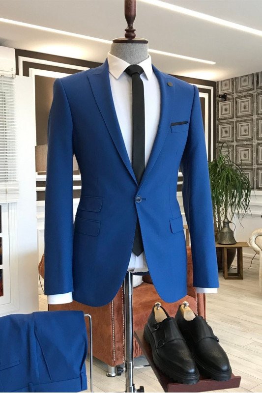Elegant Royal Blue Peaked Lapel Bespoke Formal Business Men Suits