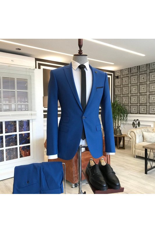 Elegant Royal Blue Peaked Lapel Bespoke Formal Business Men Suits