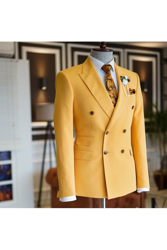 Nigel Newest Yellow Peaked Lapel Double Breasted Tailored Prom Suits