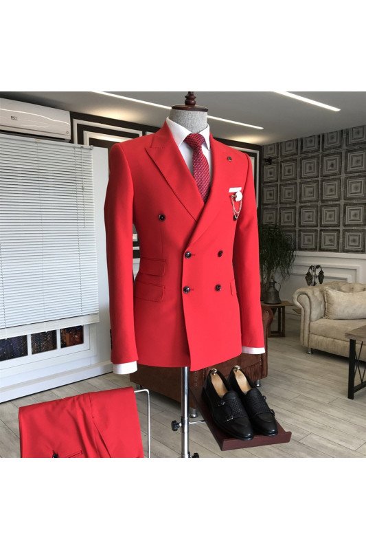 Ivan Red Peaked Lapel Double Breasted Bespoke Best Fitted Prom Men Suits