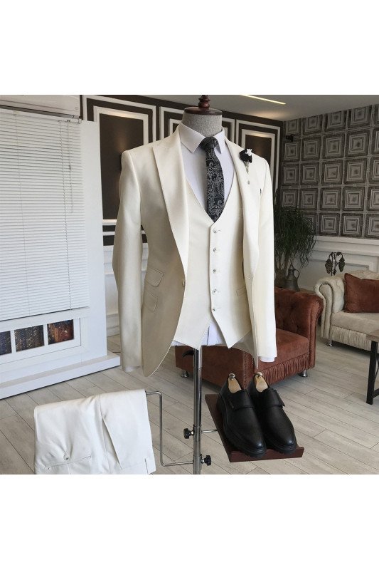 Mark Newest All White Peaked Lapel Best Fitted Business Suits For Men