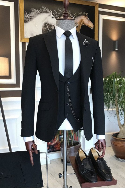 Noah Fashion Black Three-Pieces Peaked Lapel Business Suits For Men