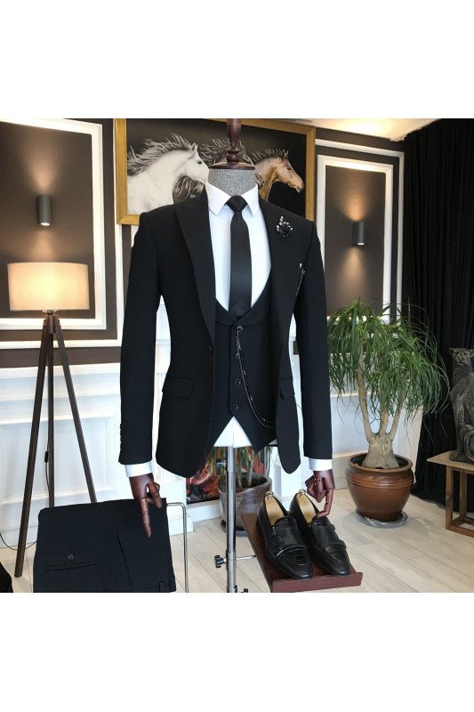 Noah Fashion Black Three-Pieces Peaked Lapel Business Suits For Men
