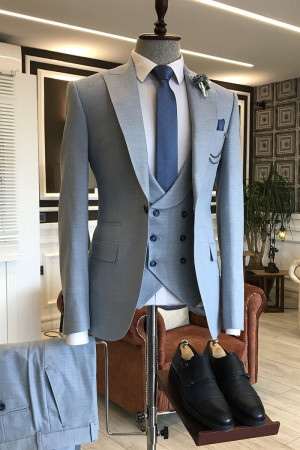 Unique Blue Three-Pieces Double Breasted Best Fitted Business Suits For Men Unique Blue Three-Pieces Double Breasted Best Fitted Business Suits For Men