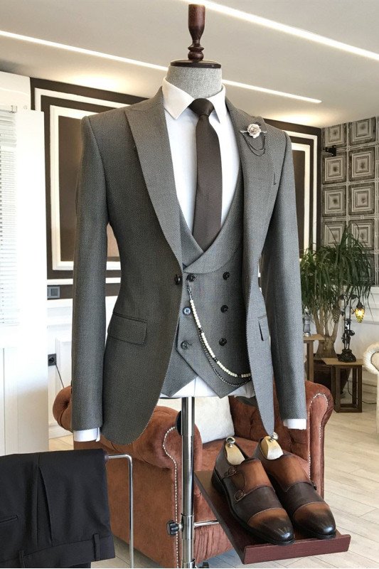 PaTrendy Solid Gray Peaked Lapel Double Breasted Bespoke Business Men Suits