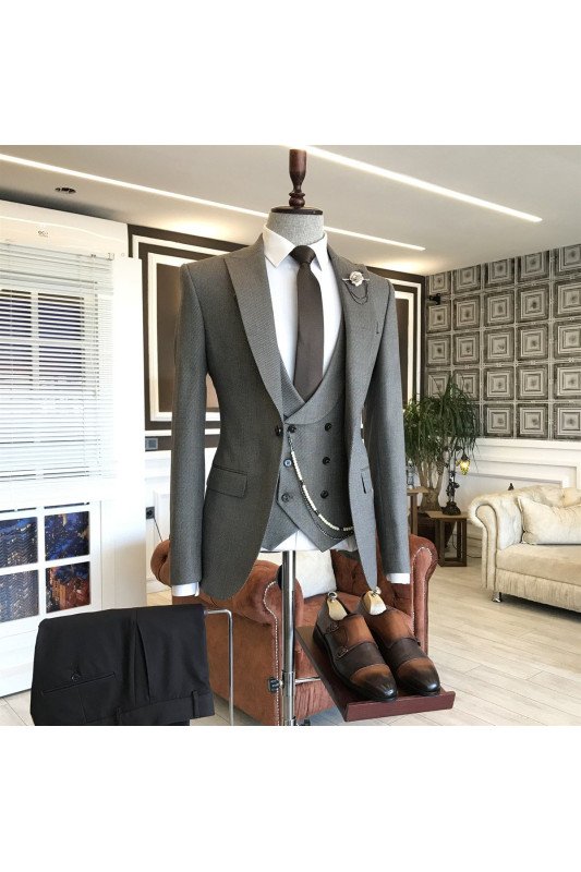 PaTrendy Solid Gray Peaked Lapel Double Breasted Bespoke Business Men Suits