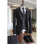 Black Three-Pieces Peaked Lapel One Button Tailored Best Fitted Suits For Men Black Three-Pieces Peaked Lapel One Button Tailored Best Fitted Suits For Men