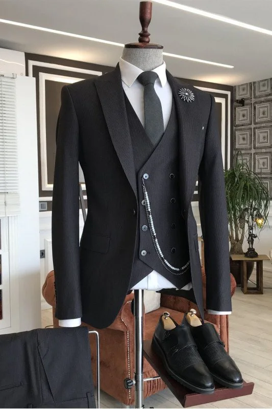 Black Three-Pieces Peaked Lapel One Button Tailored Best Fitted Suits For Men Black Three-Pieces Peaked Lapel One Button Tailored Best Fitted Suits For Men