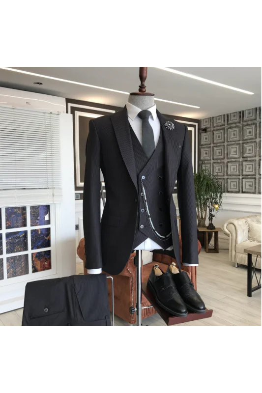 Black Three-Pieces Peaked Lapel One Button Tailored Best Fitted Suits For Men Black Three-Pieces Peaked Lapel One Button Tailored Best Fitted Suits For Men