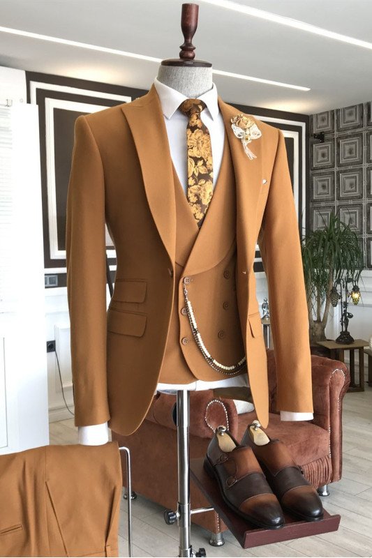 Fashion Orange Peaked Lapel Double Breasted Tailored Prom Suits For Men