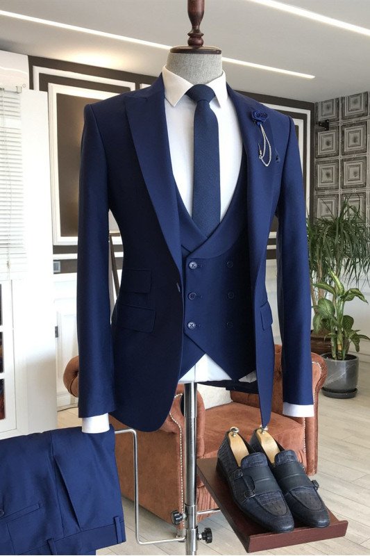 Chic Navy Blue Three-Pieces Peaked Lapel Best Fitted Business Men Suits