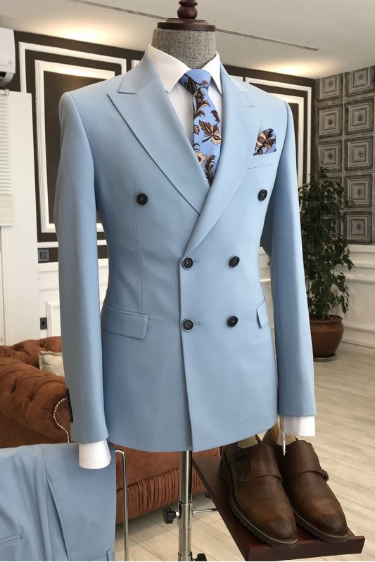 Chic Blue Peaked Lapel Double Breasted Business Suits For Men