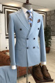 Chic Blue Peaked Lapel Double Breasted Business Suits For Men