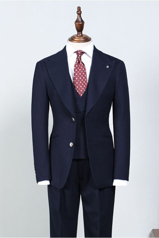 Modern  Navy Blue Three Pieces Peaked Lapel Bespoke Business Suit