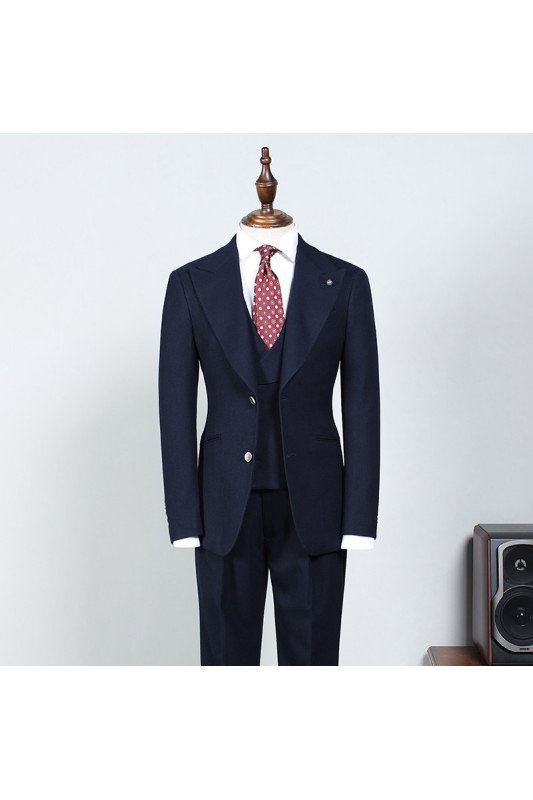 Modern  Navy Blue Three Pieces Peaked Lapel Bespoke Business Suit