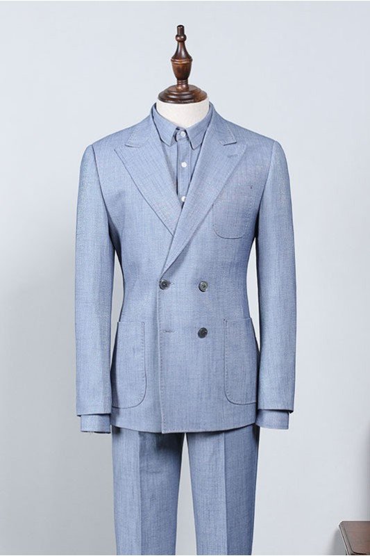 Cool Latest Sky Blue Plaid Peaked Lapel Tailored Business Suit