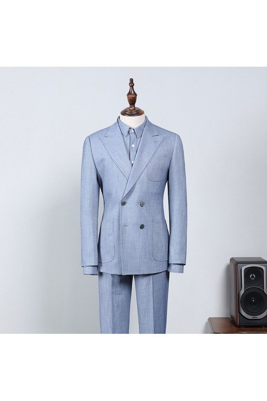 Cool Latest Sky Blue Plaid Peaked Lapel Tailored Business Suit