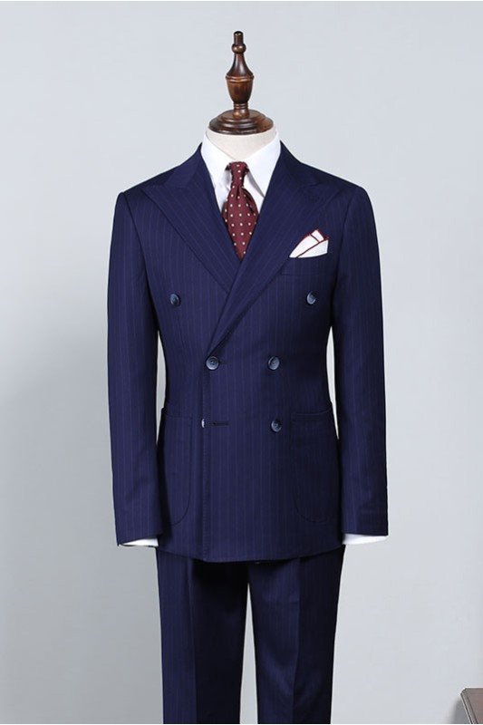 Unique Navy Blue Striped Double Breasted Best Fitted Business Suit
