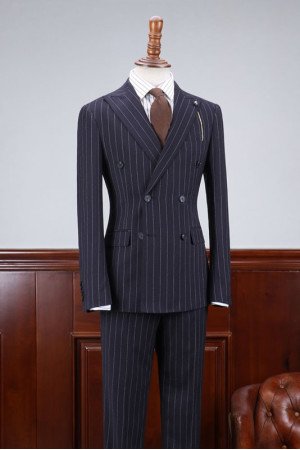 New Arrival Navy Blue Striped Best Fitted Bespoke Business Suit New Arrival Navy Blue Striped Best Fitted Bespoke Business Suit